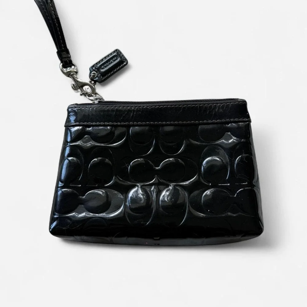 Coach Black Patent Signature Wristlet Pouch, Embossed Logo Zip Clutch